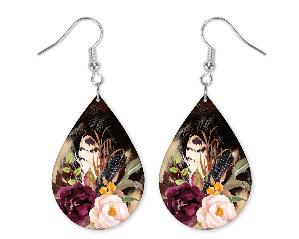 Feathers and Flowers Teardrop Earrings - Sew Lucky Embroidery