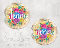 Floral Glitter Sandstone Car Coasters - Sew Lucky Embroidery