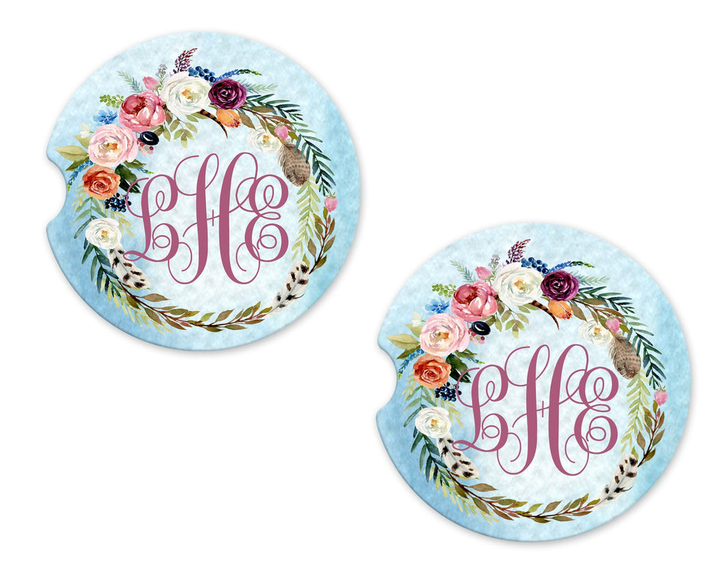 Floral Wreath Personalized Sandstone Car Coasters - Sew Lucky Embroidery