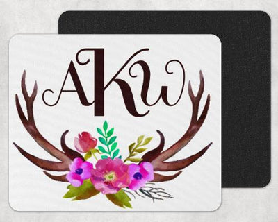 Flowers and Deer Antlers Custom Monogram Personalized Mouse Pad