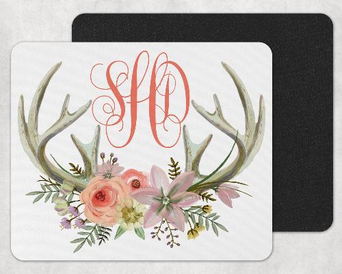 Flowers and Deer Antlers Custom Monogram Personalized Mouse Pad - Sew Lucky Embroidery