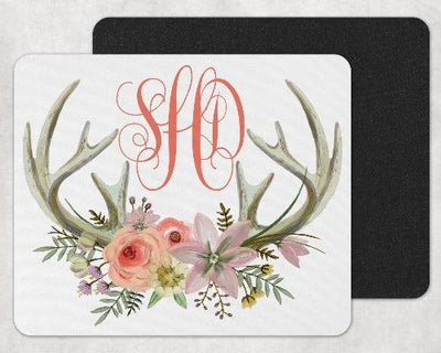 Flowers and Deer Antlers Custom Monogram Personalized Mouse Pad