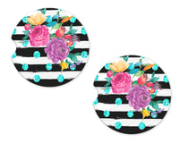 Flowers and Stripes Sandstone Car Coasters - Sew Lucky Embroidery