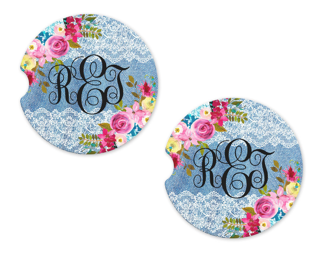 Flowers with Blue Lace Personalized Sandstone Car Coasters - Sew Lucky Embroidery