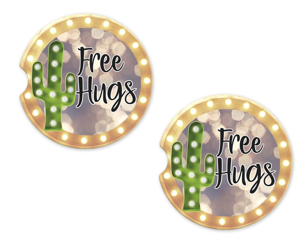Free Hugs Cactus Marquee Sandstone Car Coasters - Sew Lucky Embroidery