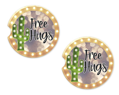 Free Hugs Cactus Marquee Sandstone Car Coasters (Set of Two)