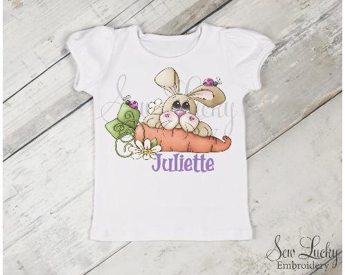 Girls Easter Bunny with Carrot Personalized Shirt - Sew Lucky Embroidery