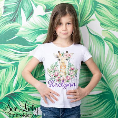 Girls Floral Giraffe Personalized Shirt