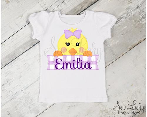 Girls Personalized Easter Chick with Purple Gingham Shirt - Sew Lucky Embroidery