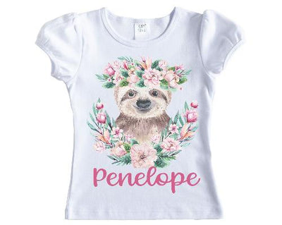 Girls Sloth in Pastel Flowers Personalized Shirt