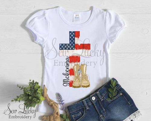 Girls Stars and Stripes Cross with Military Boots Personalized Printed Shirt - Sew Lucky Embroidery