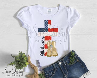 Girls Stars and Stripes Cross with Military Boots Personalized Printed Shirt