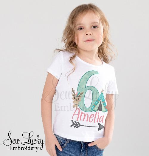 Girls Tribal Deer Personalized Birthday Shirt - Sew Lucky Embroidery