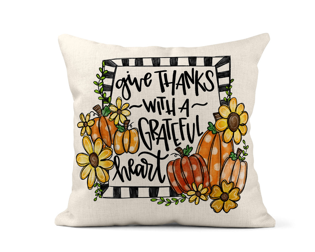 Give Thanks with a Grateful Heart Fall Pumpkin Pillow - Sew Lucky Embroidery