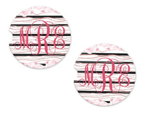Glitter Stripes with Roses Personalized Sandstone Car Coasters - Sew Lucky Embroidery