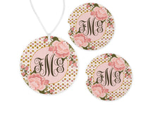 Glitter Dots and Flowers Car Charm and set of 2 Sandstone Car Coasters Personalized - Sew Lucky Embroidery