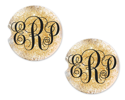 Glittery Gold Personalized Sandstone Car Coasters (Set of Two)