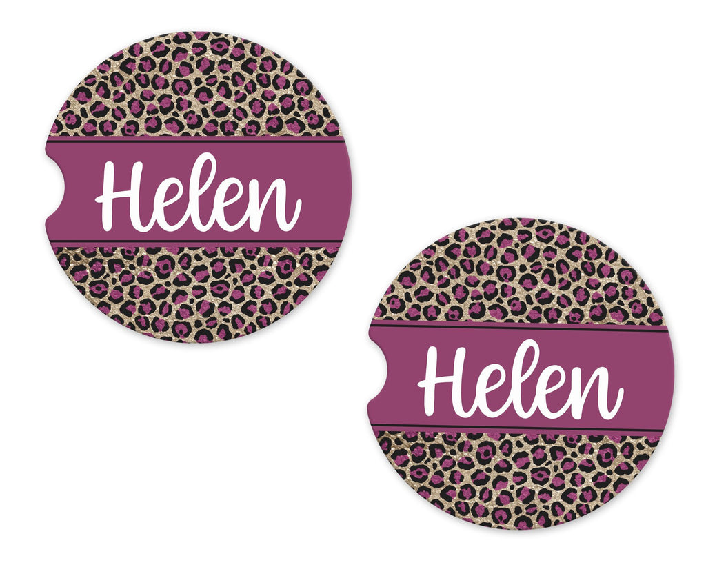 Glittery Purple and Gold Leopard Personalized Sandstone Car Coasters - Sew Lucky Embroidery