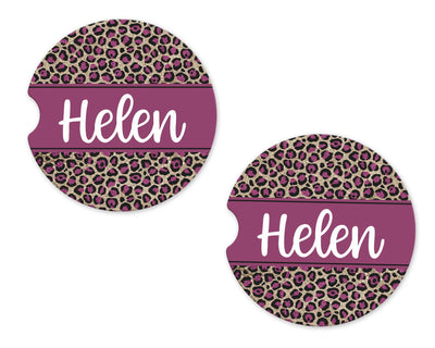 Purple and Gold Leopard Personalized Sandstone Car Coasters (Set of Two)