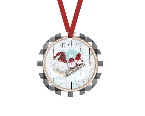 Gnome Trio Gray Buffalo Plaid Trim Christmas Ornament - Sew Lucky Embroidery