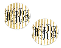 Gold and Glittery Stripes Personalized Sandstone Car Coasters - Sew Lucky Embroidery