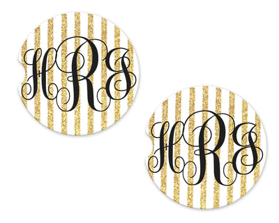 Gold and Glittery Stripes Personalized Sandstone Car Coasters (Set of Two)