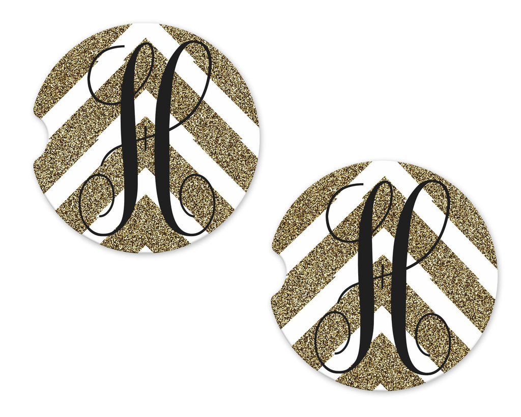 Gold and White Arrow Personalized Sandstone Car Coasters - Sew Lucky Embroidery