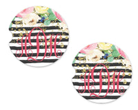 Gold Flakes, Stripes and Floral Personalized Sandstone Car Coasters - Sew Lucky Embroidery