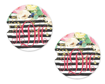 Gold Flakes, Stripes and Floral Personalized Sandstone Car Coasters (Set of Two)