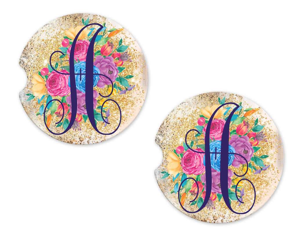 Gold Sparkles and Flowers Personalized Sandstone Car Coasters - Sew Lucky Embroidery