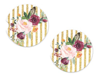 Gold Stripes and Flowers Sandstone Car Coasters - Sew Lucky Embroidery
