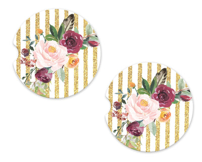 Gold Stripes and Flowers Sandstone Car Coasters (Set of Two)