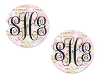 Gold Stripes with Pink Flowers Personalized Sandstone Car Coasters - Sew Lucky Embroidery