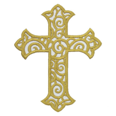  4 Cross, Fleur de lis, Religious, Embroidered, Iron-on Patch  (Yellow)
