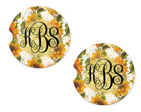 Golden Sunflowers Personalized Sandstone Car Coasters - Sew Lucky Embroidery