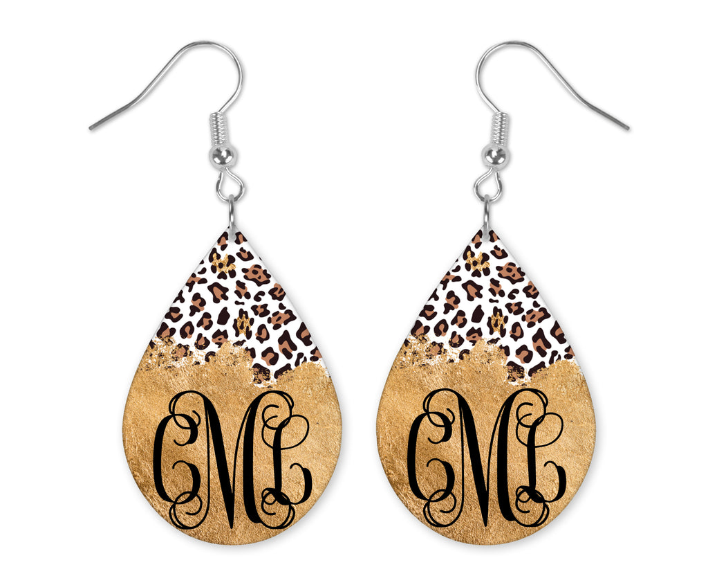 Gold Leopard Monogram Teardrop Earrings - Sew Lucky Embroidery
