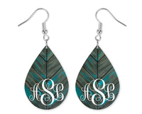 Gray and Teal Wood Monogrammed Teardrop Earrings