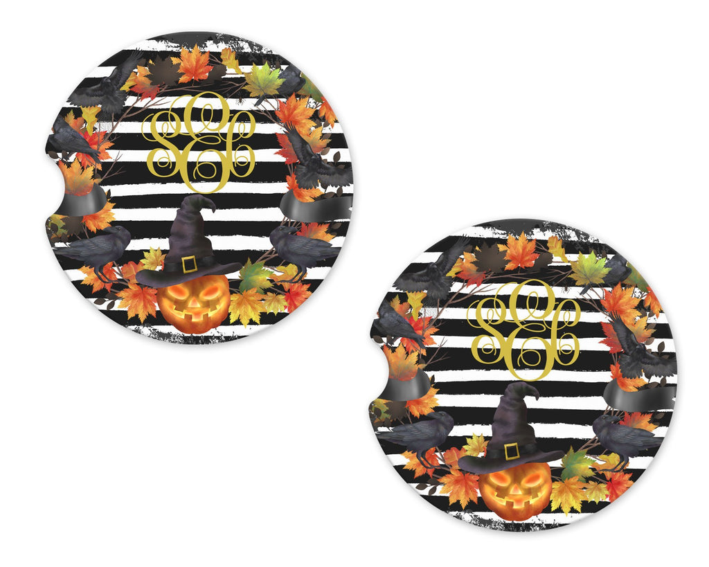 Halloween Pumpkin Witch Personalized Sandstone Car Coasters - Sew Lucky Embroidery