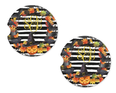Halloween Pumpkin Witch Personalized Sandstone Car Coasters (Set of Two)