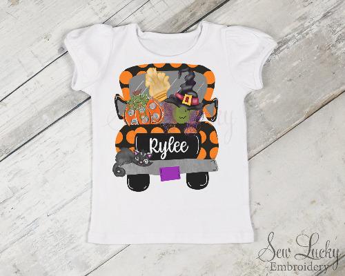 Halloween Witch Truck Personalized Girls Shirt - Sew Lucky Embroidery
