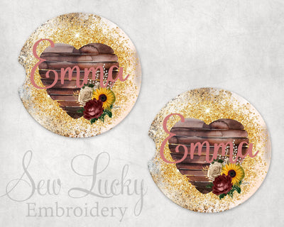 Heart Floral Personalized Sandstone Car Coasters (Set of Two)