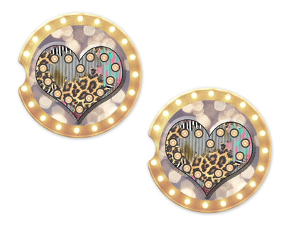 Heart Leopard Print Marquee Sandstone Car Coasters (Set of Two)
