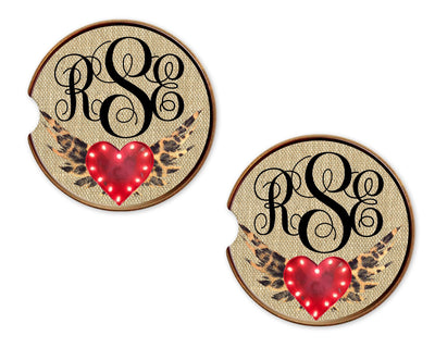 Heart with Leopard Wings and Border Personalized Sandstone Car Coasters (Set of Two)