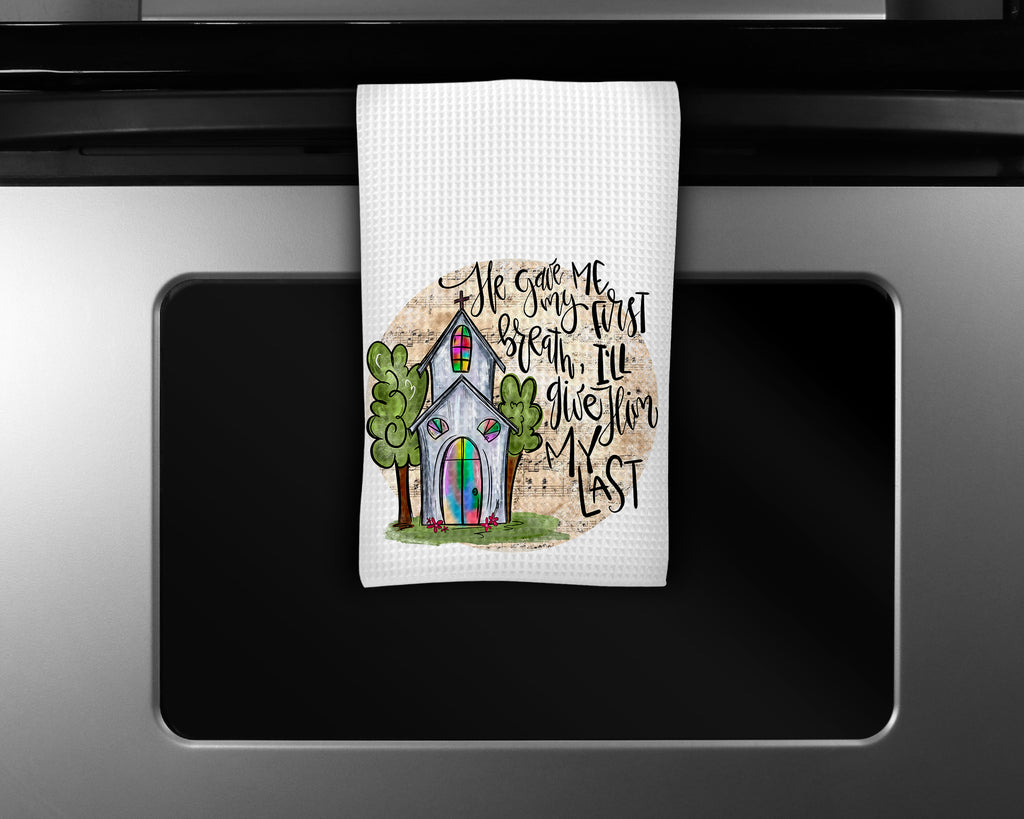 He Gave Me My Breath Waffle Weave Microfiber Kitchen Towel - Sew Lucky Embroidery