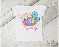 Hello Spring with Bird Girls Shirt - Sew Lucky Embroidery