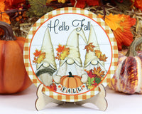 Hello Fall Gnomes Tier Tray Sign and Stand - Sew Lucky Embroidery