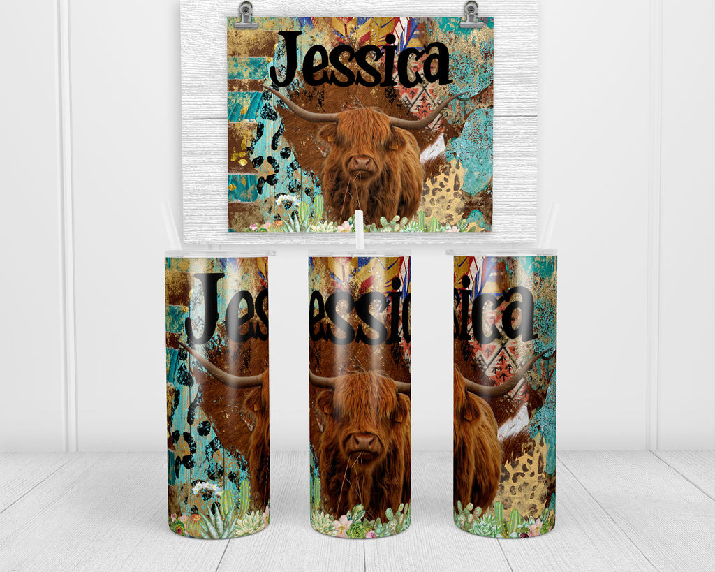 Highland Cow and Succulents Personalized 20 oz insulated tumbler - Sew Lucky Embroidery