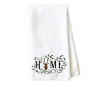 Home with Deer Christmas Kitchen Towel - Waffle Weave Towel - Microfiber Towel - Kitchen Decor - House Warming Gift - Sew Lucky Embroidery