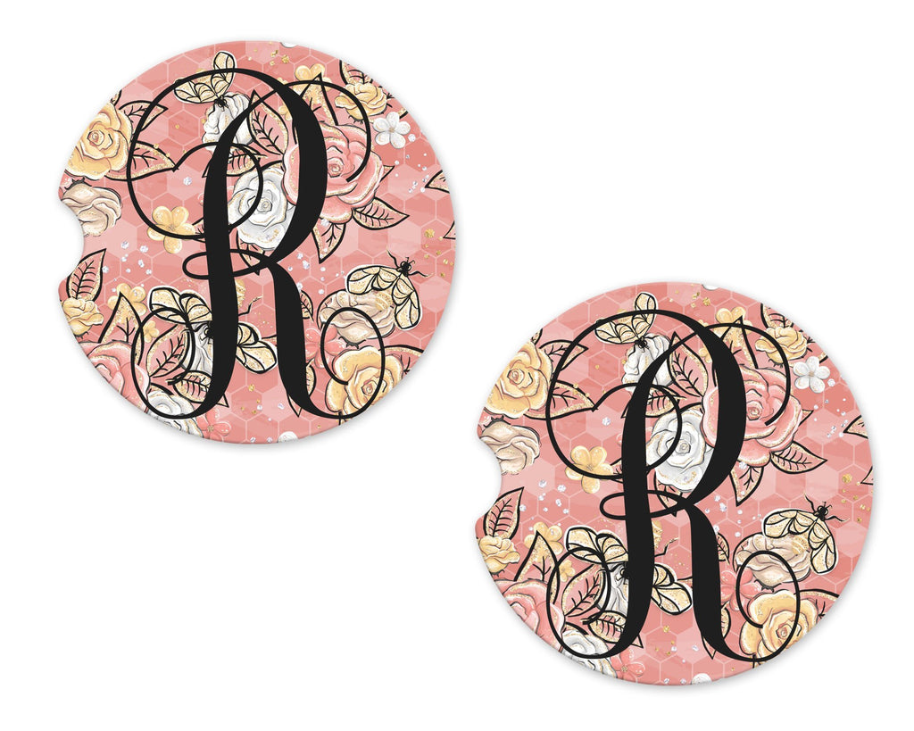 Honeycomb with Roses and Bees Personalized Sandstone Car Coasters - Sew Lucky Embroidery