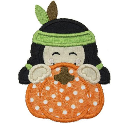 Indian Boy Pumpkin Peeker Monogram Patch - Sew Lucky Embroidery